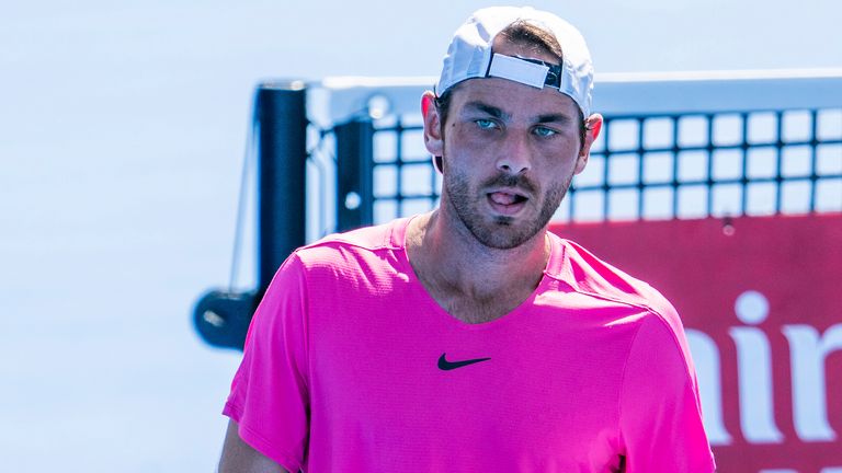 DELRAY BEACH, FL - FEBRUARY 11: Matija Pecotic (CRO) competes during the Qualifying round of the ATP Delray Beach Open on February 11, 2023, at the Delray Beach Stadium & Tennis Center in Delray Beach, Florida.(Photo by Aaron Gilbert/Icon Sportswire) (Icon Sportswire via AP Images)