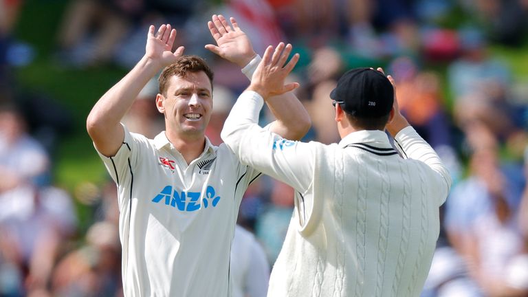 WELLINGTON, NEW ZEALAND - FEBRUARY 24: Matt Henry of New Zealand celebrates after taking the wicket of Zak Crawley of England during day one of the Second Test Match between New Zealand and England at Basin Reserve on February 24, 2023 in Wellington, New Zealand. (Photo by Hagen Hopkins/Getty Images)