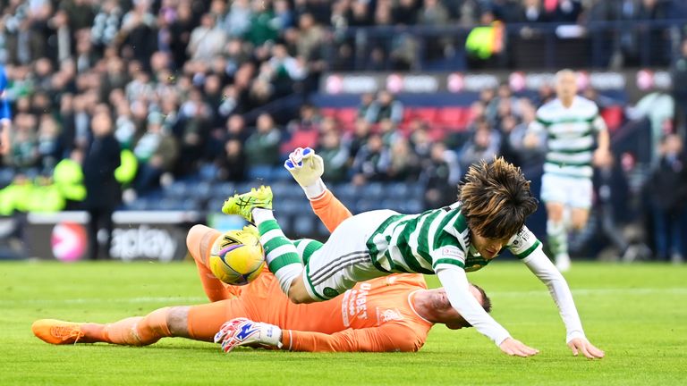 GLASGOW, SCOTLAND - FEBRUARY 26: Celtic's Kyogo Furuhashi goes down but the referee waves off a penalty claim during the Viaplay Cup final between Rangers and Celtic at Hampden Park, on February 26, 2023, in Glasgow, Scotland.  (Photo by Rob Casey / SNS Group)