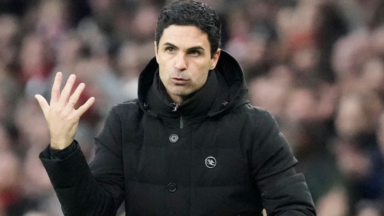 Arsenal's manager Mikel Arteta gestures during the English Premier League soccer match between Arsenal and Brentford at Emirates stadium in London, Saturday, Feb. 11, 2023. (AP Photo/Frank Augstein)