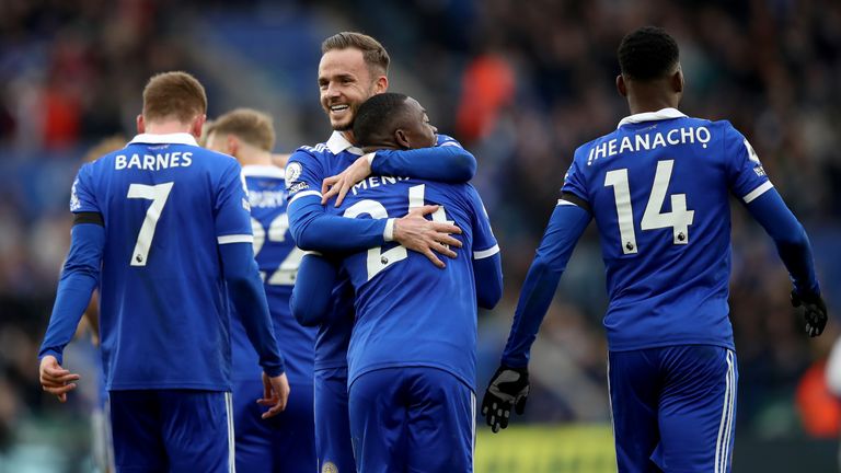 Leicester City's Nampalys Mendy (second right) is congratulated by his teammates