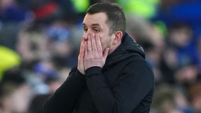 Southampton manager Nathan Jones reacts during the Premier League match against Everton at Goodison Park in January