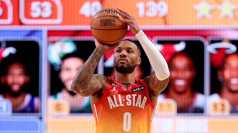  Damian Lillard #0 of the Portland Trailblazers shoots during the third quarter in the 2023 NBA All Star Game between Team Giannis and Team LeBron at Vivint Arena on February 19, 2023 in Salt Lake City, Utah