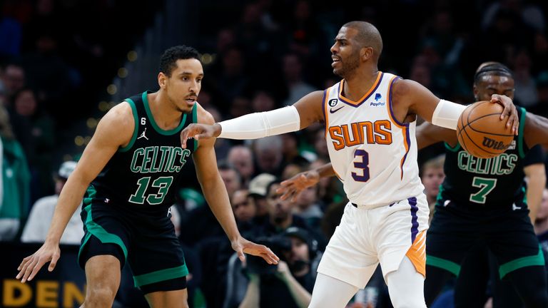 Phoenix Suns&#39; Chris Paul (3) keeps the ball away from Boston Celtics&#39; Malcolm Brogdon (13) during the first half of an NBA basketball game, Friday, Feb. 3, 2023, in Boston. (AP Photo/Michael Dwyer)


