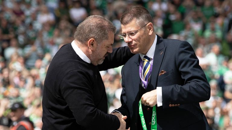 GLASGOW, SCOTLAND - MAY 14: Celtic Manager Ange Postecoglou  and SPFL Chief Executive Neil Doncaster during a cinch Premiership match between Celtic and Motherwell at Celtic Park, on May 14, 2022, in Glasgow, Scotland.  (Photo by Craig Williamson / SNS Group)