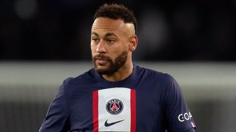 PSG's Neymar runs during the French League One soccer match between Paris Saint-Germain and Angers at the Parc des Princes in Paris, France, Wednesday, Jan. 11, 2023. (AP Photo/Thibault Camus)