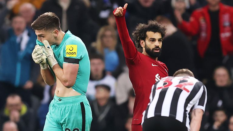 Nick Pope reacts after being sent off for handling outside the box against Liverpool