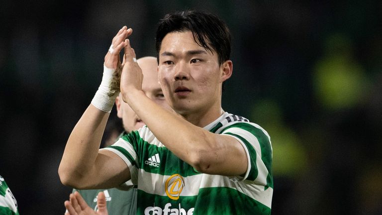 GLASGOW, SCOTLAND - FEBRUARY 11: Celtic's Oh Hyeon-gyu applauds the fans during a Scottish Cup match between Celtic and St Mirren at Celtic Park, on February 11, 2023, in Glasgow, Scotland.  (Photo by Alan Harvey / SNS Group)