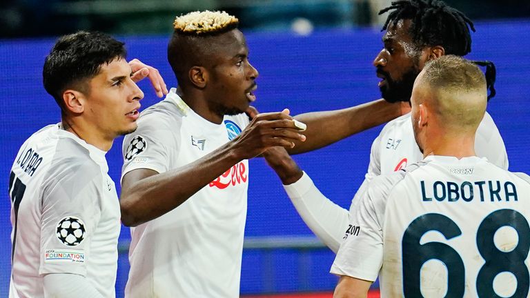 Victor Osimhen celebrates scoring for Napoli against Eintracht Frankfurt