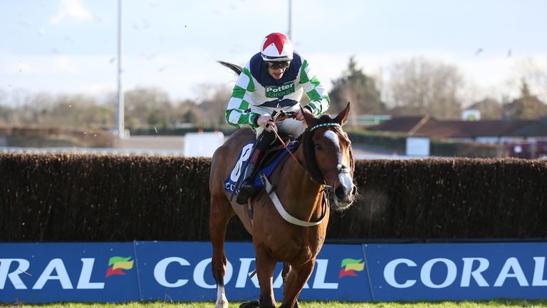 Our Power and Sam Twiston-Davies in action in the Coral Trophy at Kempton