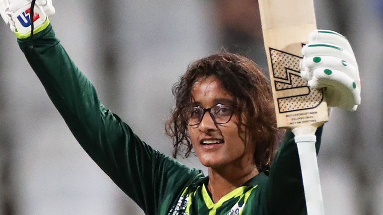 CAPE TOWN, SOUTH AFRICA - FEBRUARY 15: Muneeba Ali of Pakistan celebrates their century during the ICC Women's T20 World Cup group B match between Pakistan and Ireland at Newlands Stadium on February 15, 2023 in Cape Town, South Africa. (Photo by Jan Kruger-ICC/ICC via Getty Images)
