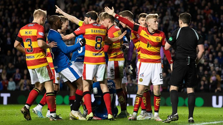 GLASGOW, SCOTLAND - FEBRUARY 12: The Partick players react angrily as Rangers&#39; Malik Tillman makes it 2-1 during a Scottish Cup Fifth Round match between Rangers and Partick Thistle at Ibrox Stadium, on February 12, 2023, in Glasgow, Scotland. (Photo by Alan Harvey / SNS Group)