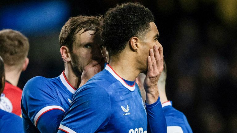 GLASGOW, SCOTLAND - FEBRUARY 12: Rangers&#39; Borna Barisic (L) speaks to Malik Tillman after he controversially makes it 2-1 during a Scottish Cup Fifth Round match between Rangers and Partick Thistle at Ibrox Stadium, on February 12, 2023, in Glasgow, Scotland. (Photo by Craig Williamson / SNS Group)