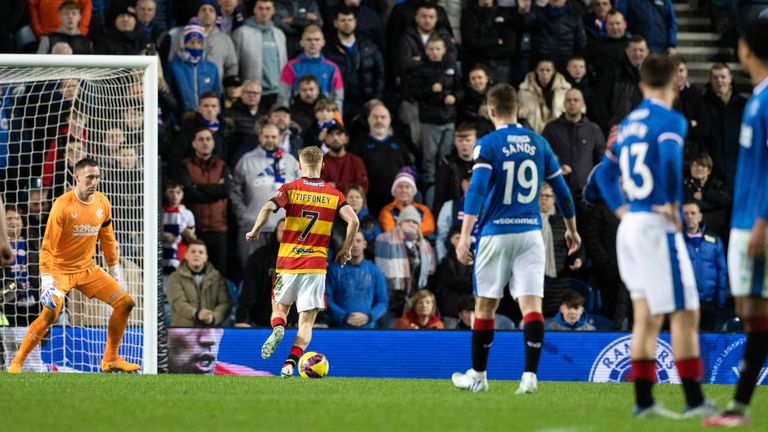 GLASGOW, SCOTLAND - FEBRUARY 12: Partick&#39;s Scott Tiffoney is allowed to walk the ball into the net to make it 2-2 during a Scottish Cup Fifth Round match between Rangers and Partick Thistle at Ibrox Stadium, on February 12, 2023, in Glasgow, Scotland. (Photo by Alan Harvey / SNS Group)