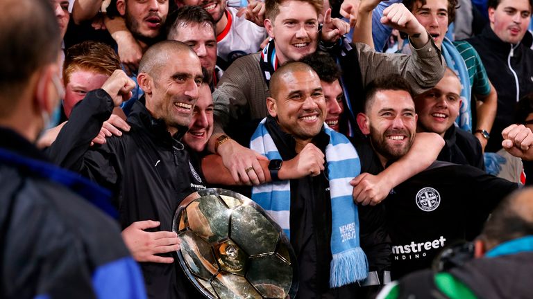 MELBOURNE, AUSTRALIA - MAY 22: Melbourne City&#39;s Manager Patrick Kisnorbo and Des Buckingham with fans during the Hyundai A-League soccer match between Melbourne City FC and Central Coast Mariners on May 22, 2021 at AAMI Park in Melbourne, Australia. (Photo by Speed Media/Icon Sportswire)                   