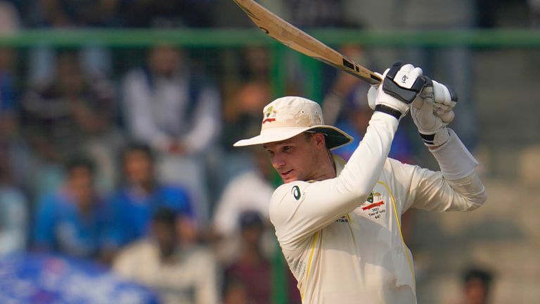 Australia's Peter Handscomb plays a shot during the first day of the second cricket test match between India and Australia in New Delhi, India, Friday, Feb. 17, 2023. (AP Photo/Altaf Qadri)