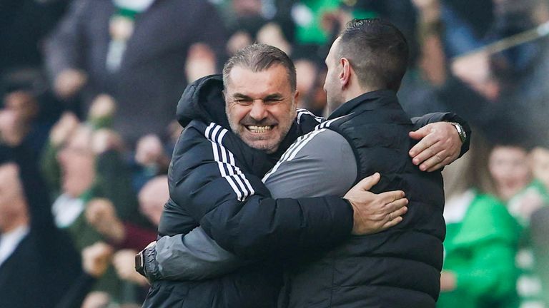 GLASGOW, SCOTLAND - FEBRUARY 26: Celtic manager Ange Postecoglou (L) celebrates with John Kennedy as his side go 2-0 ahead during the Viaplay Cup final between Rangers and Celtic at Hampden Park, on February 26, 2023, in Glasgow, Scotland.  (Photo by Alan Harvey / SNS Group)