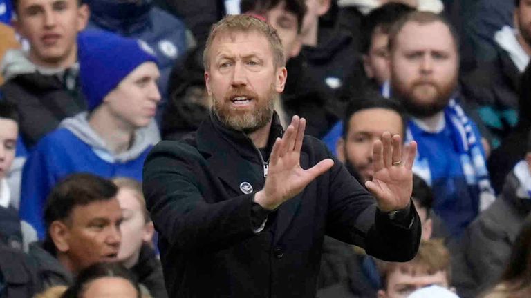 Chelsea's head coach Graham Potter gestures during the English Premier League soccer match between Chelsea and Southampton at the Stamford Bridge stadium in London, Saturday, Feb. 18, 2023. (AP Photo/Kirsty Wigglesworth)