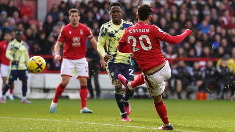 Brennan Johnson volleys Nottingham Forest in front against Leeds