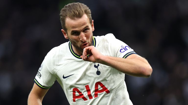 Harry Kane celebrates after scoring his 267th goal for Tottenham to become the club's all-time top scorer