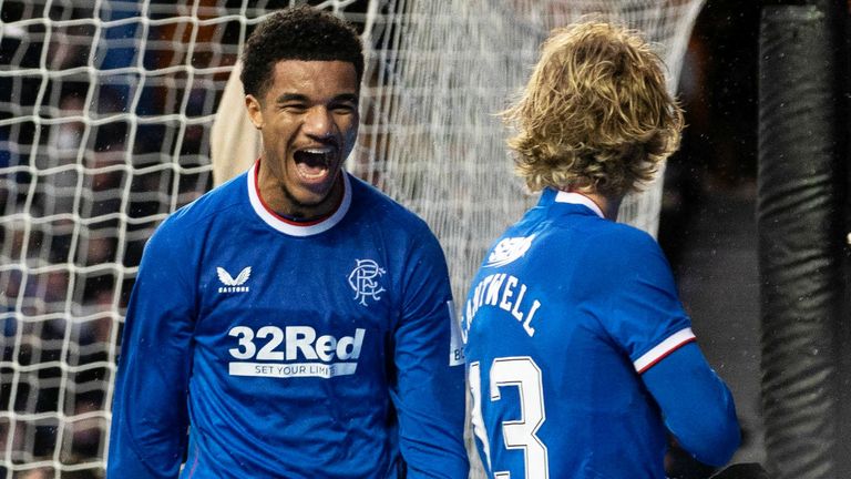 Malik Tillman celebrates with Todd Cantwell after opening the scoring for Rangers against Ross County