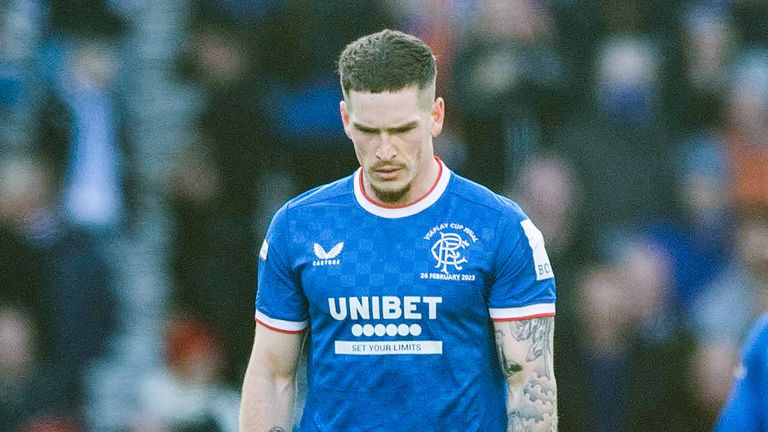 GLASGOW, SCOTLAND - FEBRUARY 26: Rangers&#39; Ryan Kent looks dejected as they go 1-0 down during the Viaplay Cup final between Rangers and Celtic at Hampden Park, on February 26, 2023, in Glasgow, Scotland.  (Photo by Paul Devlin / SNS Group)