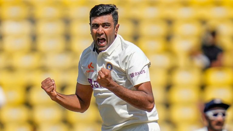 India's Ravichandran Ashwin celebrates the dismissal of Australia's Peter Handscomb during the third day of the first cricket test match between India and Australia in Nagpur, India, Saturday, Feb. 11, 2023. (AP Photo/Rafiq Maqbool