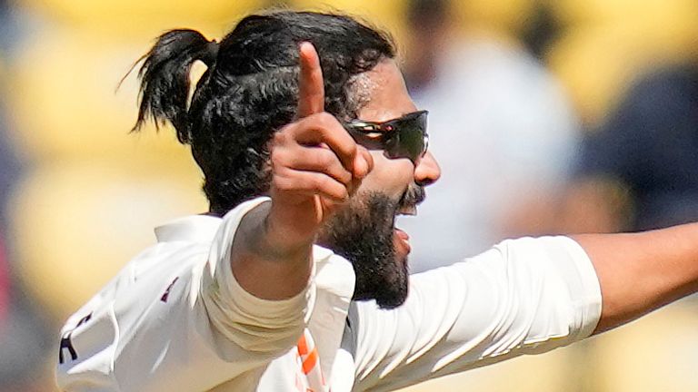 India's Ravindra Jadeja celebrates the wicket of Australia's Steve Smith during the first day of the first cricket test match between India and Australia in Nagpur, India, Thursday, Feb. 9, 2023. (AP Photo/Rafiq Maqbool)