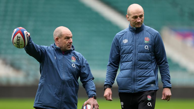 England forwards coach Richard Cockerill and head coach Steve Borthwick (right) during the Captain's Run at Twickenham Stadium, London. the Picture date: Saturday February 11, 2023.