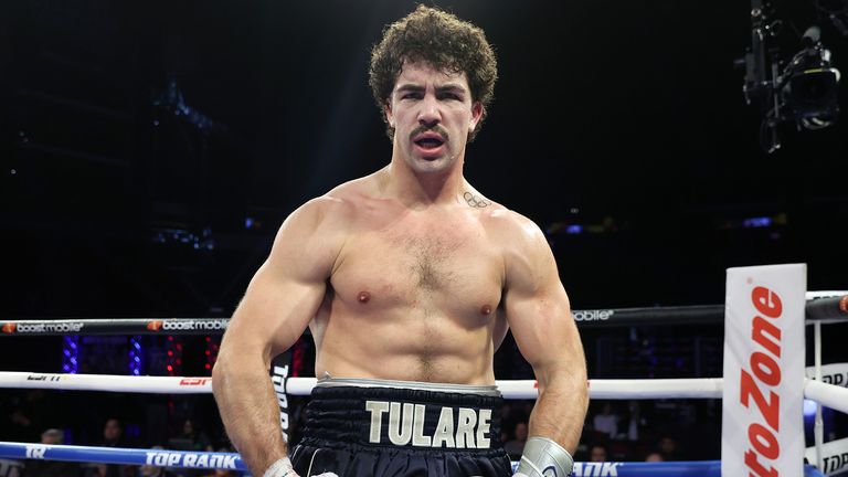 GLENDALE, ARIZONA - FEBRUARY 03: Richard Torrez Jr celebrates after defeating James Bryant, during their heavyweight fight at Desert Diamond Arena on February 03, 2033 in Glendale, Arizona. (Photo by Mikey Williams/Top Rank Inc via Getty Images)