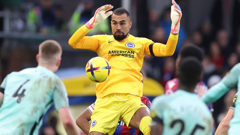 LONDON, ENGLAND - FEBRUARY 11: Brighton & Hove Albion goalkeeper Robert Sanchez spills the ball leading to the Crystal Palace goal during the Premier League match between Crystal Palace and Brighton & Hove Albion at Selhurst Park on February 11, 2023 in London, United Kingdom. (Photo by Jacques Feeney/Offside/Offside via Getty Images)