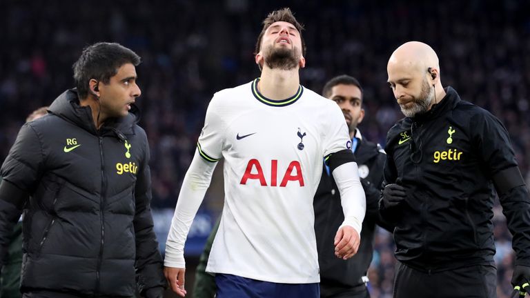 Tottenham's Rodrigo Bentancur leaves the field with an injury