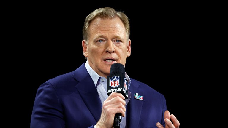 NFL Commissioner Roger Goodell during a news conference ahead of the Super Bowl 57 NFL football game, Wednesday, Feb. 8, 2023 in Phoenix. (Tyler Kaufman/AP Images for the NFL)