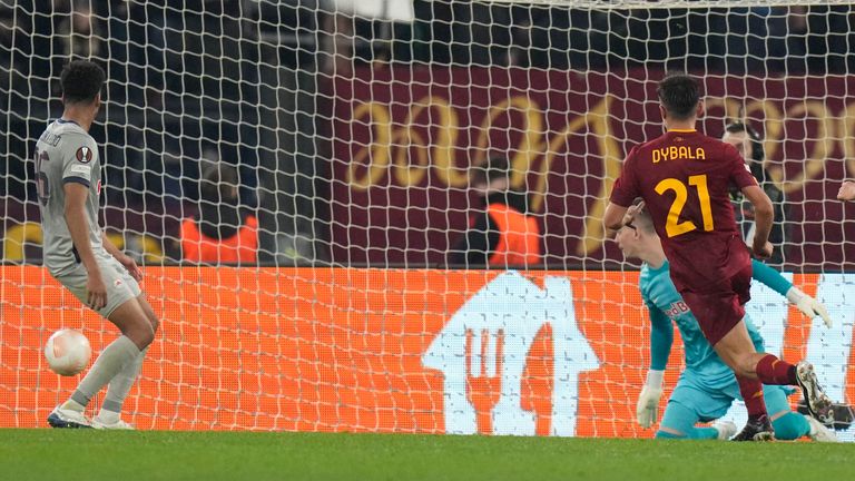Roma's Paulo Dybala, second from right, scores during the Europa League playoff second leg soccer match between AS Roma and FC Red Bull Salzburg, at Rome's Olympic Stadium, Thursday, Feb. 23, 2023. (AP Photo/Alessandra Tarantino)