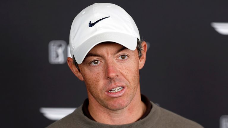 Rory McIlroy, of Northern Ireland, talks to reporters following his pro-am round of the Genesis Invitational golf tournament at Riviera Country Club, Wednesday, Feb. 15, 2023, in the Pacific Palisades area of Los Angeles. (AP Photo/Ryan Kang)
