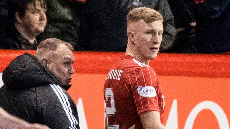 ABERDEEN, SCOTLAND - FEBRUARY 01: Aberdeen's Ross McCrorie leaves the field after being sent off during a cinch Premiership match between Aberdeen and St Mirren at Pittodrie, on February 01, 2023, in Aberdeen, Scotland. (Photo by Ross Parker / SNS Group)