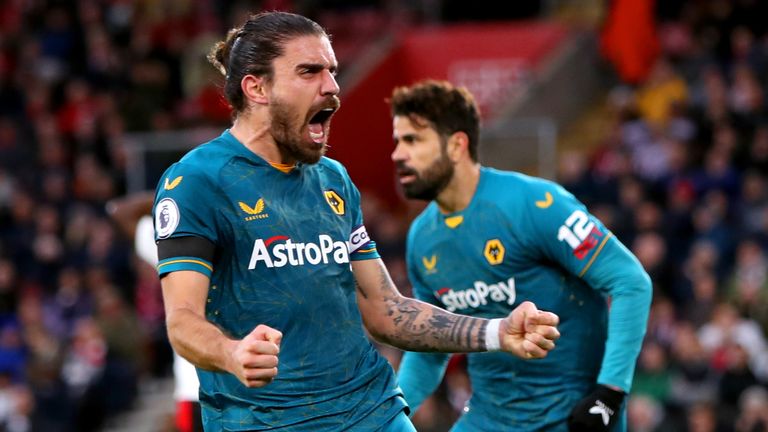 Wolves' Ruben Neves celebrates after Southampton's Jan Bednarek scores an own goal 