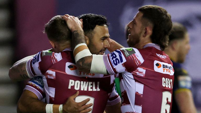 Picture by Paul Currie/SWpix.com - 24/02/2023 - Rugby League - Betfred Super League Round 2 - Wigan Warriors v Wakefield Trinity - DW Stadium, Wigan, England - Bevan French of Wigan Warriors celebrates scoring the 1st try