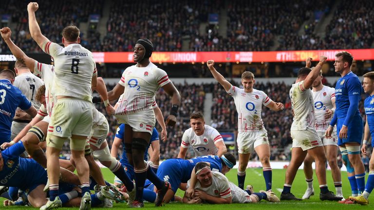 LONDON, ENGLAND - FEBRUARY 12: Jamie George of England goes over the line to score the side's fourth try during the Six Nations Rugby match between England and Italy at Twickenham Stadium on February 12, 2023 in London, England. (Photo by Shaun Botterill/Getty Images)