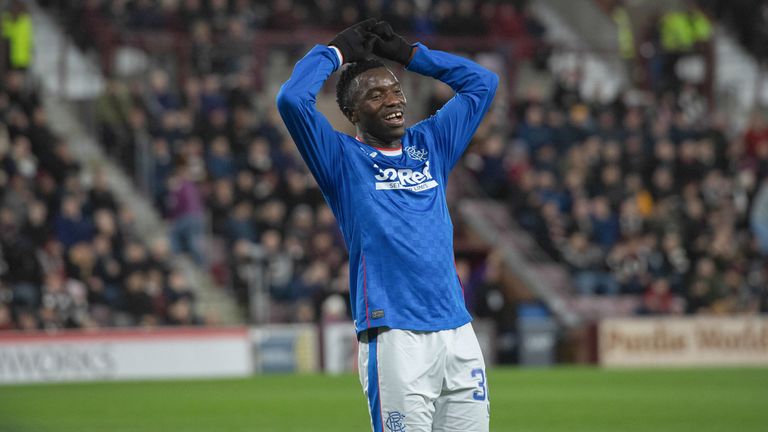 EDINBURGH, SCOTLAND - FEBRUARY 01: Rangers' Fashion Sakala can't believe his goal is ruled out for offside during a cinch Premiership match between Heart of Midlothian and Rangers at Tynecastle, on February 01, 2023, in Edinburgh, Scotland. (Photo by Mark Scates / SNS Group)