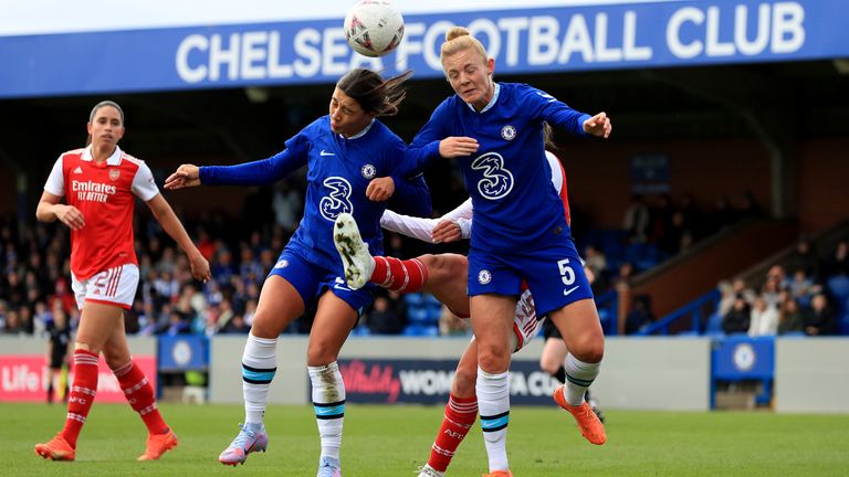 Chelsea's Sam Kerr and Sophie Ingle battle with Arsenal's Caitlin Foord