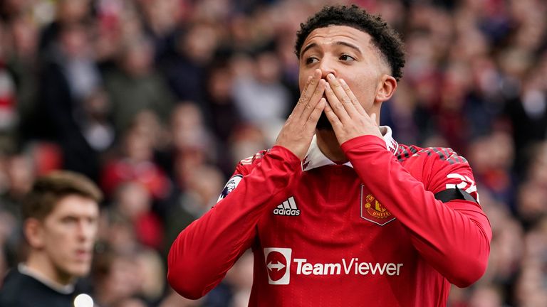 Manchester United's Jadon Sancho celebrates 