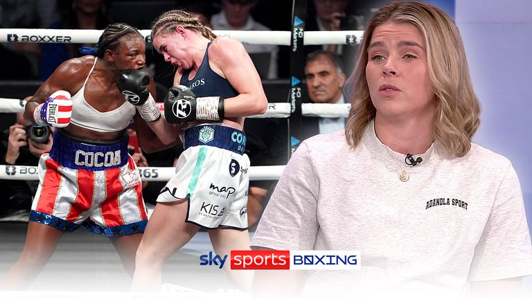 Claressa Shields is struck by Savannah Marshall in the Undisputed World Middleweight Titles bout at The O2