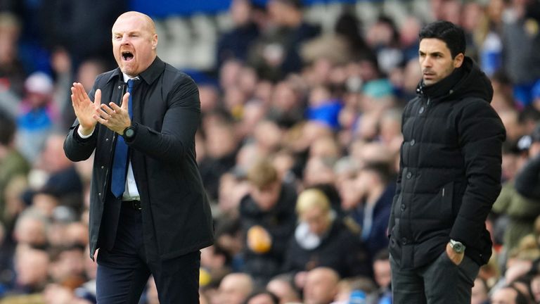 Everton head coach Sean Dyche, left, and Arsenal manager Mikel Arteta during the English Premier League soccer match between Everton and Arsenal at Goodison Park in Liverpool, England on Saturday February 4, 2023. (AP Photo/Jon Super)