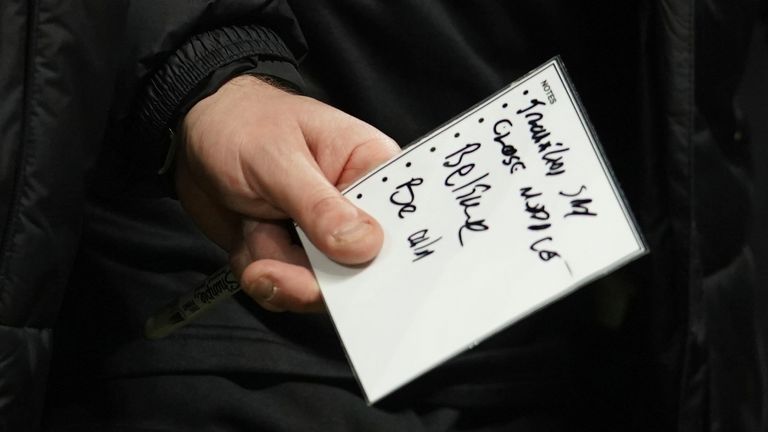 &#39;Close middle&#39;, &#39;Believe&#39;, &#39;Be calm&#39; - Michael Skubala grips onto his notes going into half-time at Old Trafford