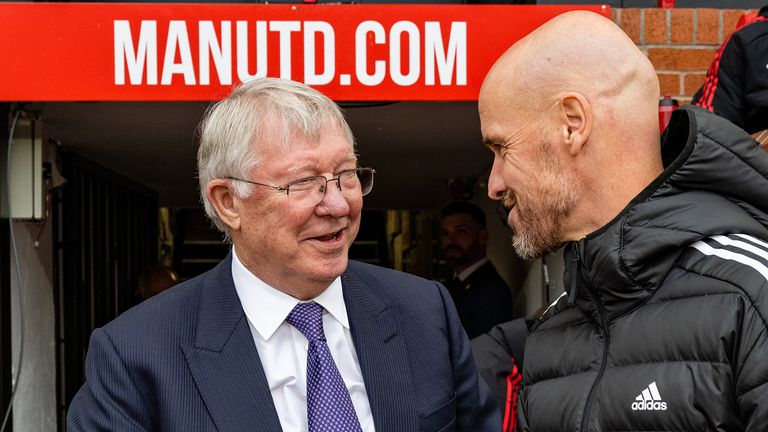 Former Manager Sir Alex Ferguson shakes hands with Manager Erik ten Hag of Manchester United ahead of the Premier League match between Manchester United and Newcastle United at Old Trafford on October 16, 2022 in Manchester, England. (Photo by Ash Donelon/Manchester United via Getty Images)
