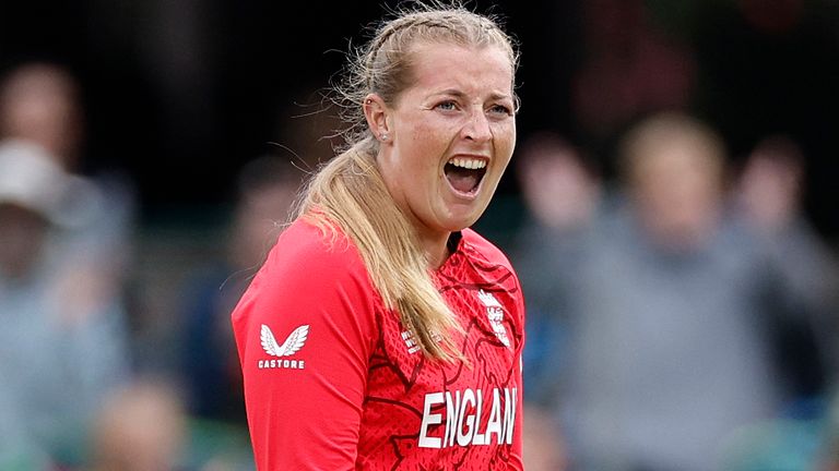 England's Sophie Ecclestone celebrates after the dismissal of India's Harmanpreet Kaur (not seen) during the Group B T20 women's World Cup cricket match between England and India at St George's Park in Gqeberha on February 18, 2023. (Photo by Marco Longari / AFP) (Photo by MARCO LONGARI/AFP via Getty Images)