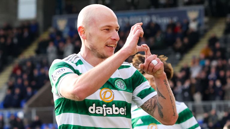 Aaron Mooy celebrates after giving Celtic a 3-1 lead at St Johnstone