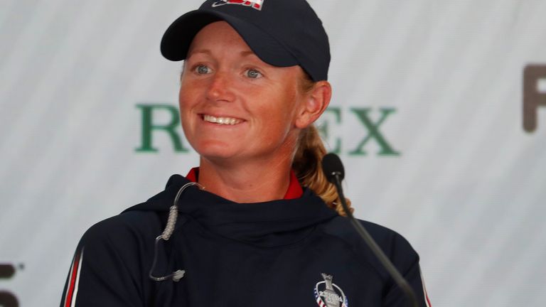 TOLEDO, OH - SEPTEMBER 01: USA team vice captain Stacy Lewis speaks to the media at a press conference during a practice round before the 2021 Solheim Cup on September 1, 2021 at Inverness Club inToledo, Ohio. (Photo by Brian Spurlock/Icon Sportswire via Getty Images)