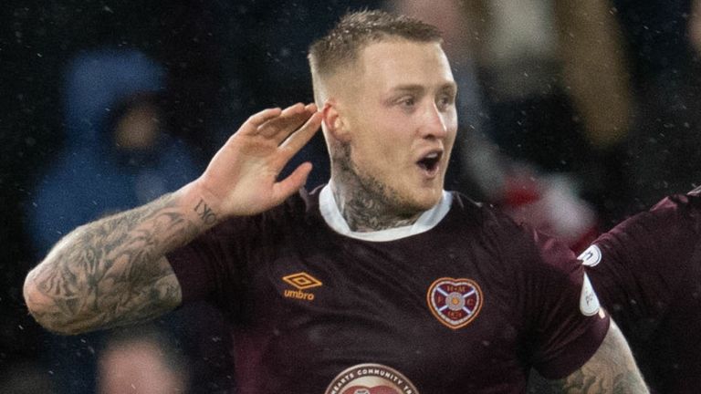 EDINBURGH, SCOTLAND - FEBRUARY 04: Hearts&#39; Stephen Humphrys celebrates after making it 3-1 during a cinch Premiership match between Heart of Midlothian and Dundee United at Tynecastle, on February 04, 2023, in Edinburgh, Scotland. (Photo by Craig Foy / SNS Group)